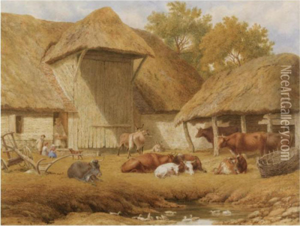 Cattle Resting Beside Farm Buildings Oil Painting - Robert Hills