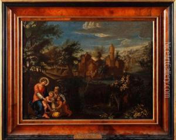 Mary And Christ With Elizabeth And St John Thebaptist Before A Castellated House In A Pastoral Landscape Oil Painting - Eglon Hendrick Van Der Neer