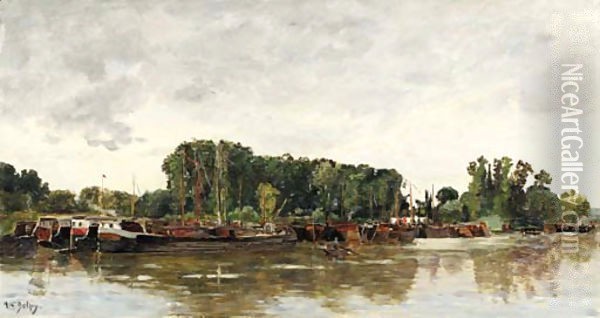 Barges a Rangiport sur Seine Oil Painting - Hippolyte Camille Delpy