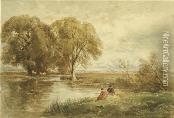 A River Landscape With Two Figures Fishing Oil Painting - Edmund Morison Wimperis