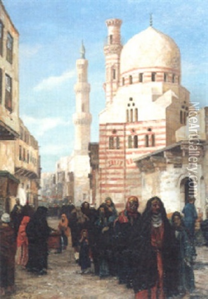 Promeneurs Devant La Mosqee Ibrahim Agha Au Caire Oil Painting - Georg Macco