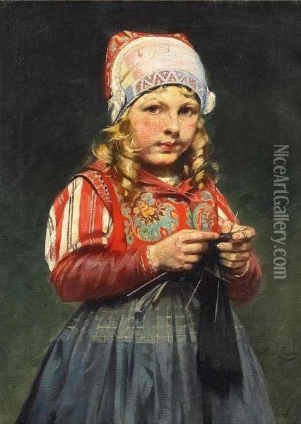 A Girl Knitting Oil Painting - Rudolf Possin