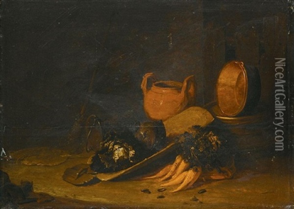 A Still Life With A Terracotta Urn, A Copper Basin, Cabbages And Carrots, Set In A Barn Interior Oil Painting - Egbert Lievensz van der Poel
