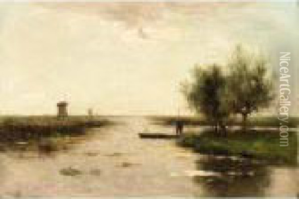 A Polder Landscape With A Peasant In A Barge Oil Painting - Victor Bauffe