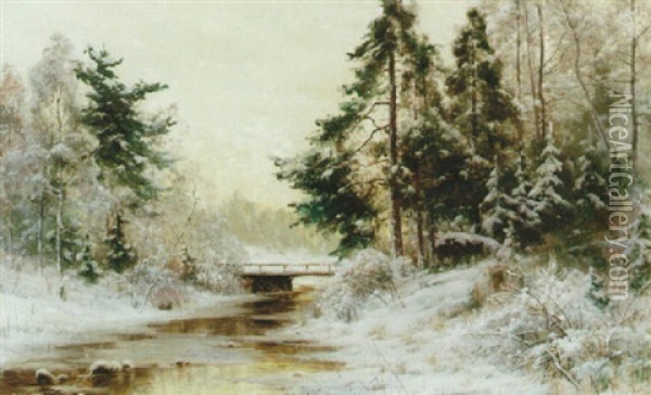 Landskap Med Bro Over Vattendrag, Solig Vintermorgon Oil Painting - Arvid Mauritz Lindstroem