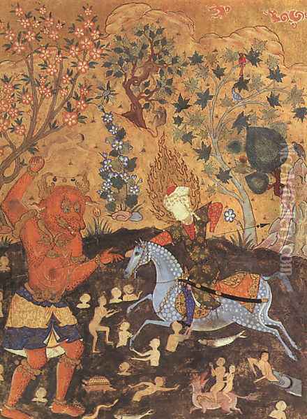 Rider Fighting a Daeva (page from Falnama -The Book of Omens) 1550 Oil Painting - Iranian Unknown Masters