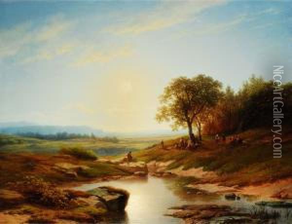 Tiefe Bachlandschaft Mit
 Figurenstaffage Bei Sonnenuntergang Oil Painting - Cornelis Lieste