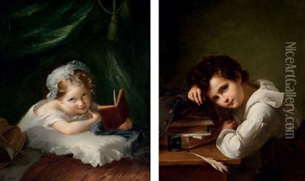 Portrait De Jeune Garcon Accoude A Ses Livres (+ Portrait De Jeune Fille Tenant Un Livre; Pair) Oil Painting - Louis Aime Grosclaude