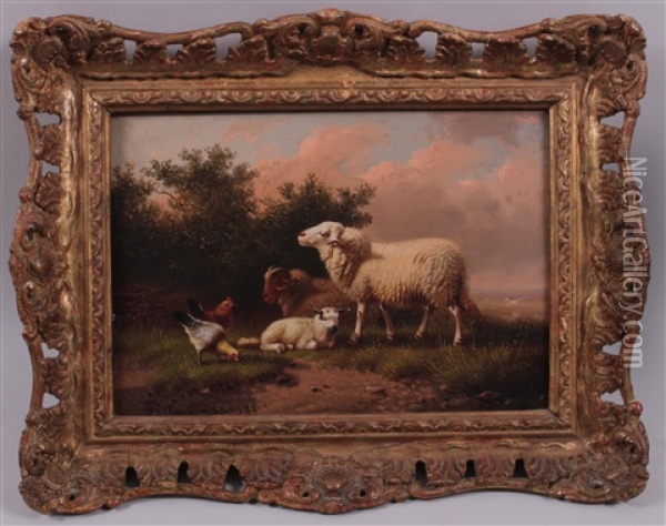 Schafe Und Huhner Auf Der Wiese Oil Painting - Joseph Van Dieghem