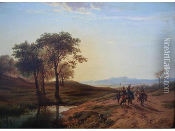 Peasant Travellers In An Extensive Landscape At Sunset Oil Painting - Cornelis Lieste