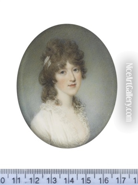 A Lady, Wearing White Dress Finished With Frilled Lace, Her Brown Hair Partially Upswept And Secured With A White Bandeau Oil Painting - Samuel Shelley