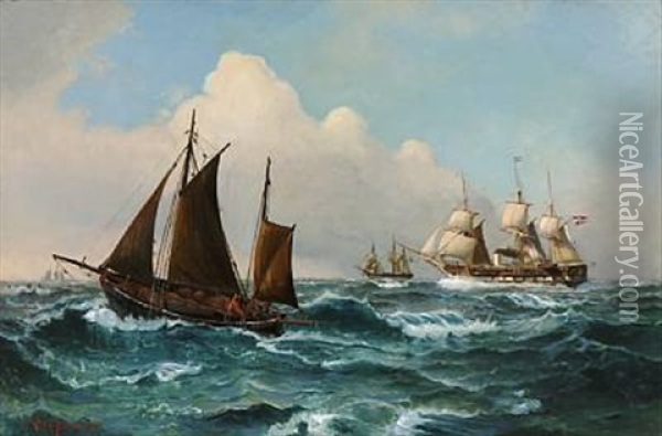 Seascape With Ships On A Windy Day Oil Painting - Vilhelm Victor Bille