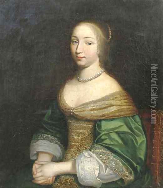 Portrait of a young lady, seated half-length, in a green and gold embroidered dress, with a pearl necklace Oil Painting - Adriaen Hanneman
