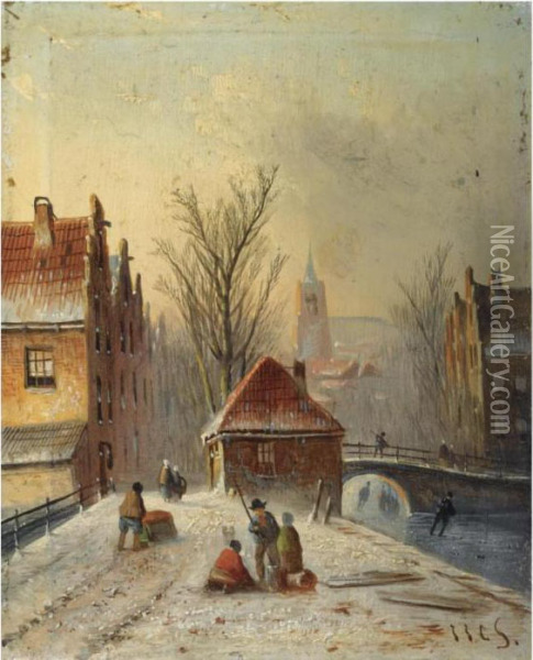 A View Of A Wintry Dutch Town Oil Painting - Jan Jacob Coenraad Spohler