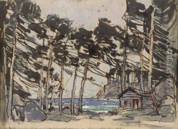 Stage Design Depicting A Wooded Landscape By The Sea Oil Painting - Konstantin Alexeievitch Korovin