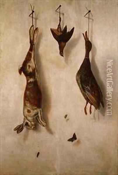 Still-life of dead game hanging on a wall Oil Painting - F.A. Brandel