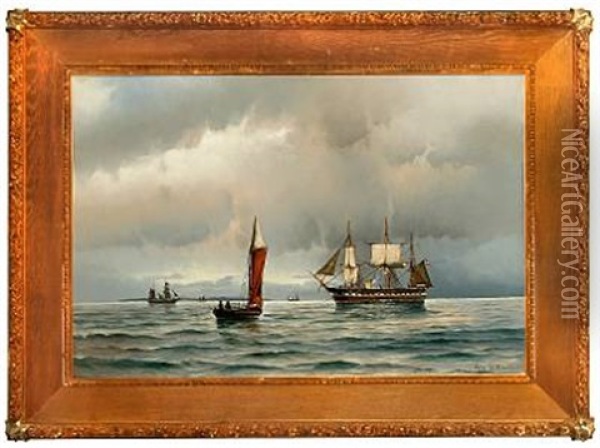 Marine With The Danish Frigate Jylland On Open Sea In Calm Evening Weather Oil Painting - Vilhelm Victor Bille