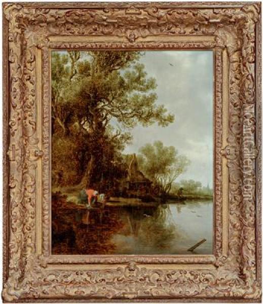 Paesaggio Fluviale Con Una Lavandaia Oil Painting - Jan van Goyen