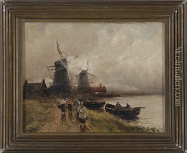 Dutch Scene With Windmills And Figures Oil Painting - Arthur Vidal Diehl