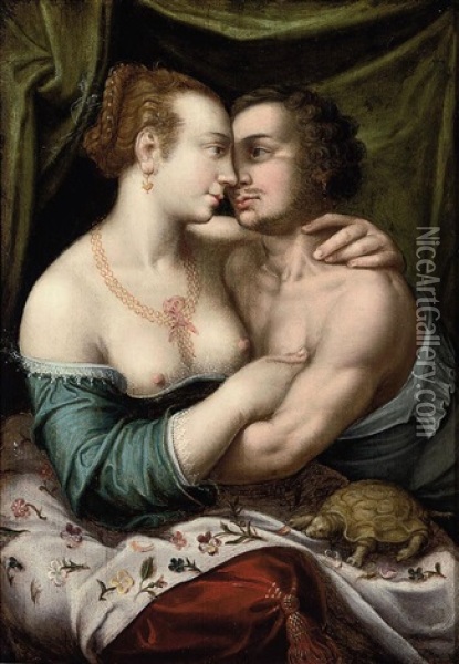 An Amorous Couple In An Interior With A Tortoise Oil Painting - Joos van Winghe