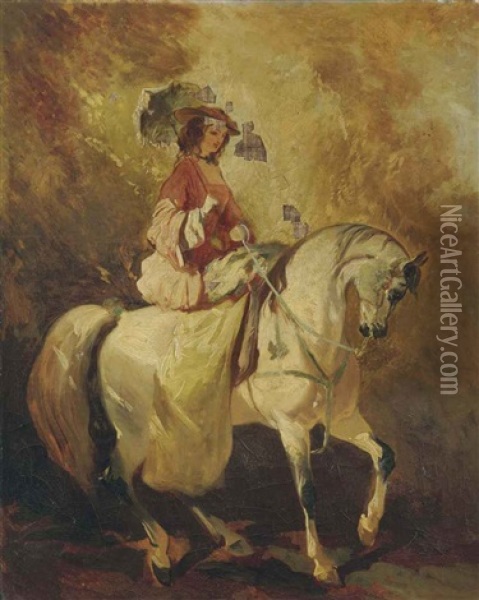 Amazone A L'ombrelle (sketch) Oil Painting - Alfred De Dreux