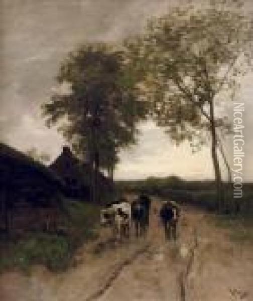 Huiswaarts: A Farmer With His Cattle Oil Painting - Anton Mauve