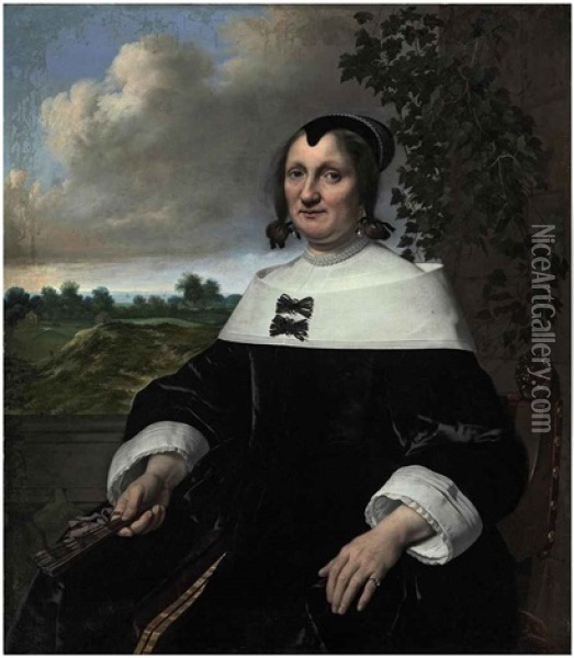 Portrait Of A Lady, Seated, Before A Balustrade, Holding A Fan, A Landscape With Bleaching Fields And A View Out To Sea Beyond Oil Painting - Bartholomeus Van Der Helst