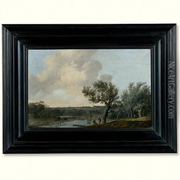 A Wooded River Landscape With A Bleaching Field Oil Painting - Anthony Jansz van der Croos