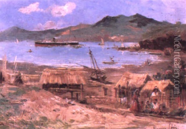 French Ship At Anchor Before A Native Village Oil Painting - Maurice Levis