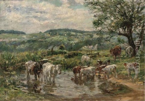 Cattle Watering Oil Painting - Mark William Fisher
