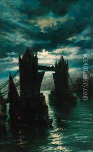 A View Of Tower Bridge By Moonlight Oil Painting - Alfonso Savini