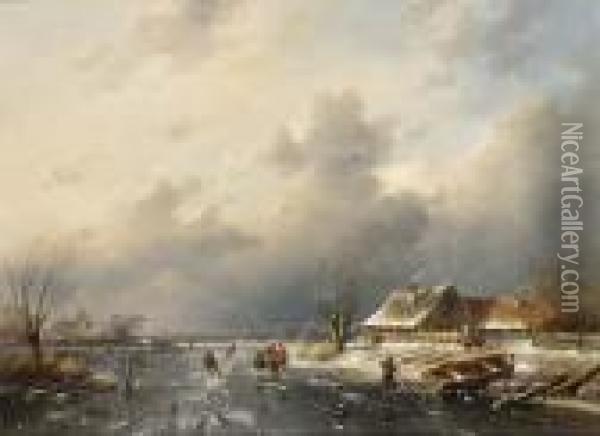 Frozen Waterway With Skaters By A Cottage Oil Painting - Charles Henri Leickert
