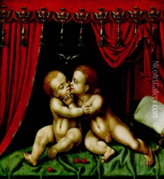 Christ And The Infant Saint John Kissing Oil Painting - Joos Van Cleve