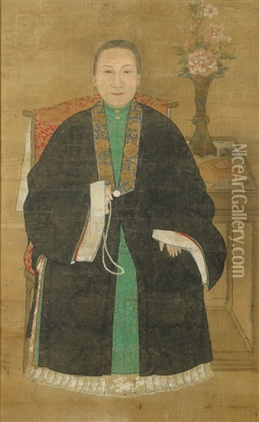 Uitzonderlijk Portret Van Een Zittende Hofdame Oil Painting -  Chinese School-Ming Dynasty