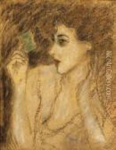 Zorka Making Up (young Girl With A Green Boksz), Late 1910s Oil Painting - Jozsef Rippl-Ronai