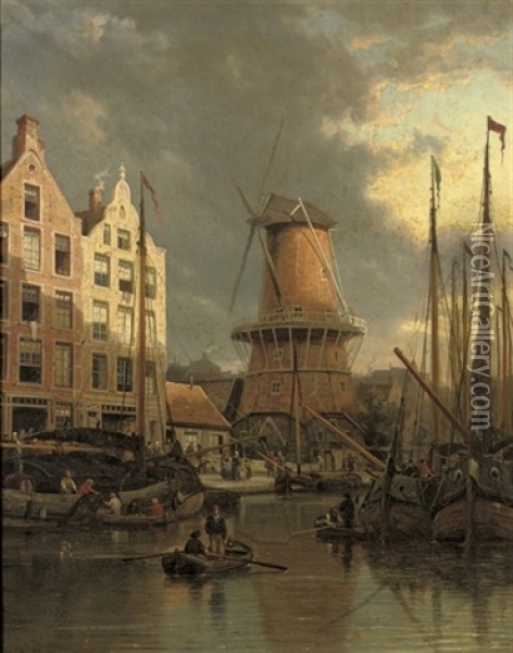 The Mill De Roozeboom, Amsterdam Oil Painting - Pieter Cornelis Dommershuijzen