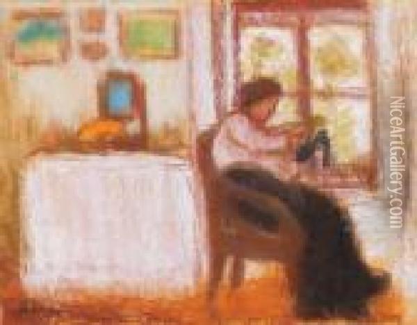 Sewing Woman By The Window (toeing A Sock) Oil Painting - Jozsef Rippl-Ronai