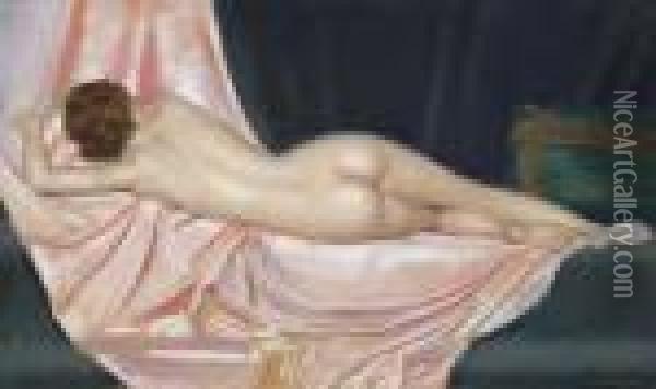 Nude Reclining On Pink Fabric Oil Painting - Gustave Brisgand