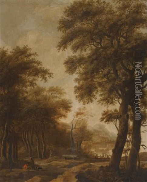 Figures In A Wooded River Landscape; Figures By Buildings In A Classical Landscape (pair) Oil Painting - Anthonie Waterloo