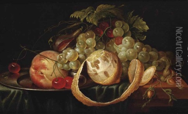 A Lemon, White Grapes, A Peach And Cherries On A Pewter Plate, A Fig And Hazelnuts, All On A Partially Draped Stone Ledge Oil Painting - Cornelis De Heem