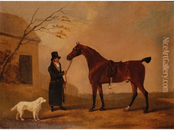 A Bay Horse With A Man And Dog Beside A Stable Oil Painting - Edwin Cooper