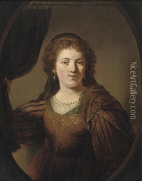 A 'tronie' Of A Young Woman In An Eastern Costume Oil Painting - Govert Teunisz. Flinck