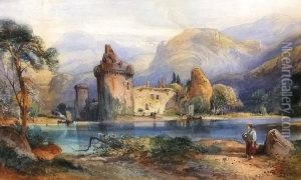 Lakeside Castle Ruins With Mountains Behind Oil Painting - A. Callcott