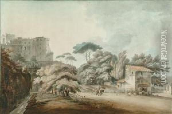 Continental Landscape With Castle Beyond Pencil And Oil Painting - William Pars