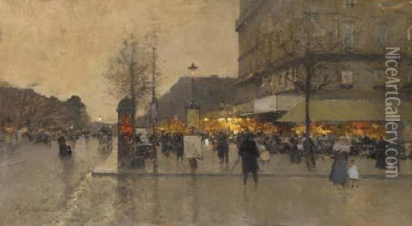 Les Grands Boulevards De Paris, Crepuscule Oil Painting - Eugene Galien-Laloue