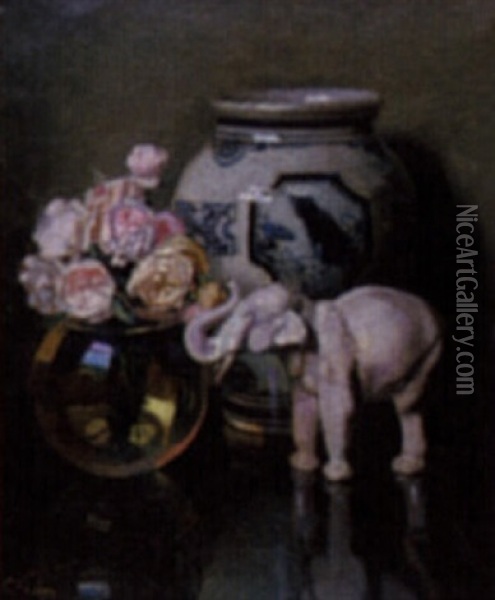 Untitled - Still Life With Elephant Oil Painting - Jules Alexandre Gruen