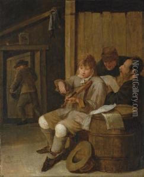 A Young Fiddler Making Music Accompanied By Two Peasants Singing In An Interior Oil Painting - Matheus van Helmont