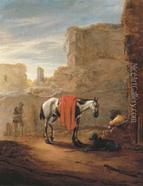 A Horse And Traveller Resting On A Road With Ruins Beyond Oil Painting - Pieter Cornelius Verbeeck