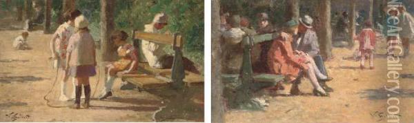 Children In A Park; And A Couple On A Park Bench Oil Painting - Victor-Gabriel Gilbert