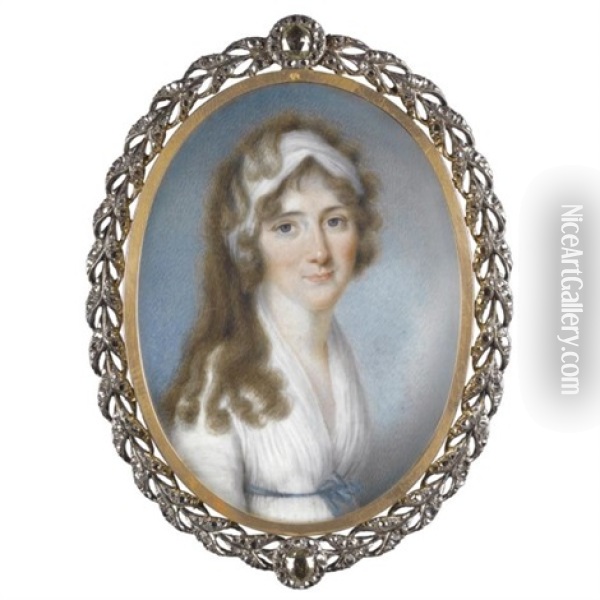 Portrait Of A Lady Wearing A White Dress, Blue Ribbon And A White Bandeau Oil Painting - Thomas Hazlehurst
